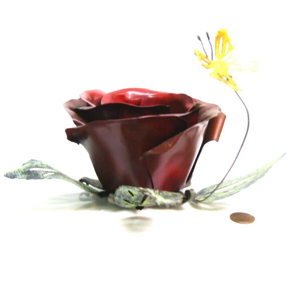 Metal 5" Red Rose Flower CANDLE HOLDER Votive Tealight Decor Brass Butterfly NWT - Picture 3 of 6